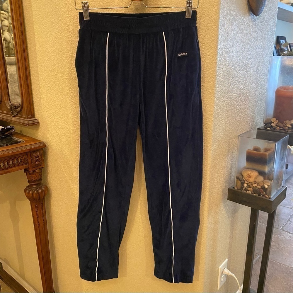 STUSSY Women Navy Velvet Velour Track Pants Size Small